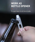 Person using Titanium EDC Pry Bar Multitool With Dope Bottle Opener And Hex Wrench Ruler For Everyday Carry Keychain Pocket Tool Camping.