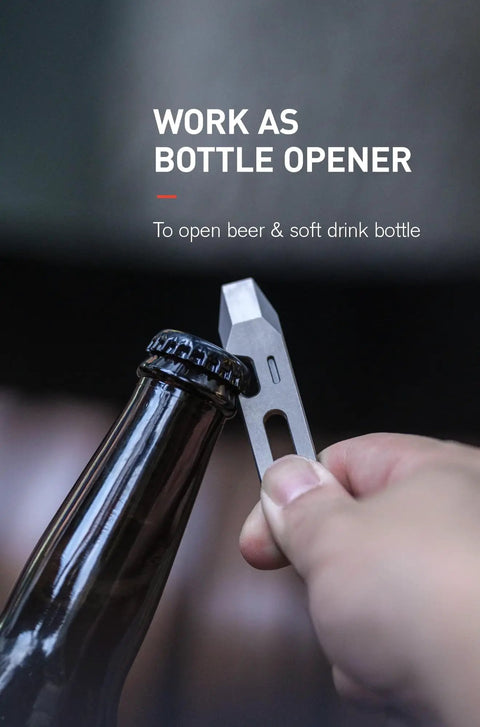 Person using Titanium EDC Pry Bar Multitool With Dope Bottle Opener And Hex Wrench Ruler For Everyday Carry Keychain Pocket Tool Camping.