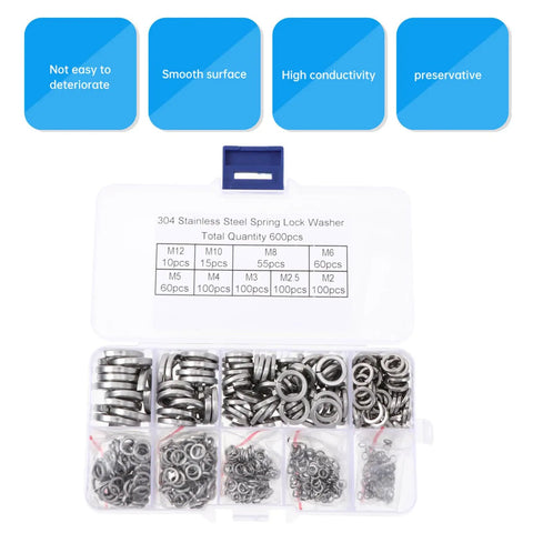 Pro Grade Stainless Steel Spring Lock And Plain Washer Assortment Kit M2 To 12mm for industrial fasteners in divided case