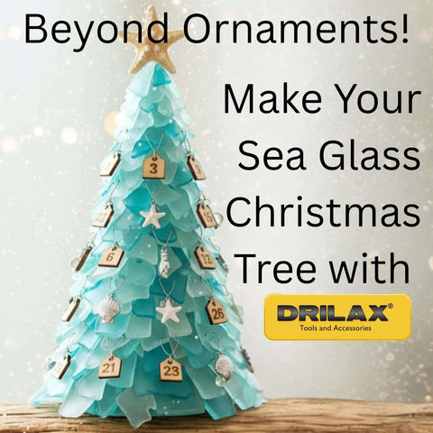 Front view of turquoise sea-glass Christmas tree with wooden tag ornaments and seashells; DRILAX logo badge
