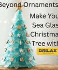 Blue green sea glass Christmas tree made of stacked glass pieces with numbered wooden tags; DRILAX logo visible