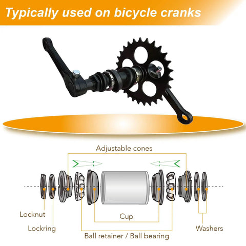Four Piece Crank Bearing Set With Five Sixteenth Inch Ball Size And Nine Balls For BMX Beach Cruisers And Stretch Bikes Precision Engineered For Smooth Quiet Durable Performance shown with crank assembly diagram.