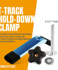 Heavy Duty T Track Hold Down Clamps Set Four Pack For Woodworking Pro Grade Quality Five And A Half Inch Long By One And One Eighth Inch Wide Universal T Slot Clamp Kit With Bolts Washers And Knobs Perfect For Accurate Fitting And Quick Setup image showing T-track clamp with 3-1/2" T-bolt, knob, and washer