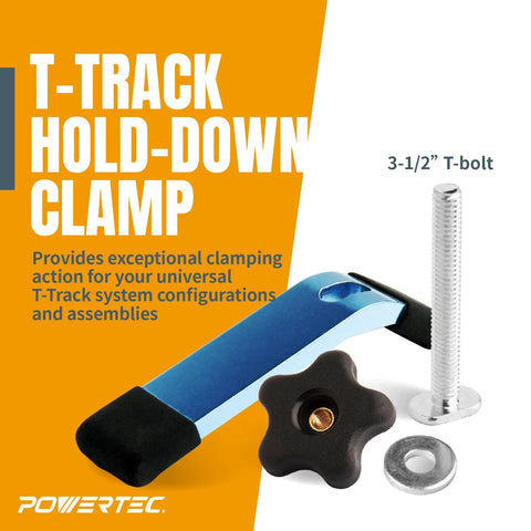 Heavy Duty T Track Hold Down Clamps Set Four Pack For Woodworking Pro Grade Quality Five And A Half Inch Long By One And One Eighth Inch Wide Universal T Slot Clamp Kit With Bolts Washers And Knobs Perfect For Accurate Fitting And Quick Setup image showing T-track clamp with 3-1/2" T-bolt, knob, and washer