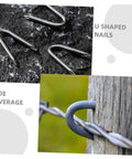 Heavy Duty Wire Mesh Staples Set For Outdoor Construction Reusable U Shaped Fence Post Staples Pro Grade Nails shown on post and surface