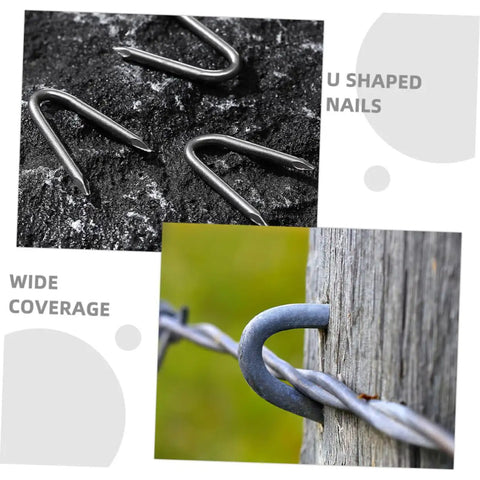 Heavy Duty Wire Mesh Staples Set For Outdoor Construction Reusable U Shaped Fence Post Staples Pro Grade Nails shown on post and surface