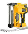 Slick 2In1 Cordless Brad Nailer And Staple Gun Works With 20V Batteries For Woodworking And Home DIY Tasks No Sweat Operation Includes 1000 Nails side view with staples and battery pack