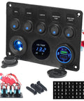 All In One 5 Gang Rocker Switch Panel With Type C And QC 3.0 USB Digital Voltmeter 12V Outlet Pre Wired With Circuit Breakers For RV Car Boat Truck Waterproof Board Supports 12V And 24V Systems Blue, showing switches and digital display.