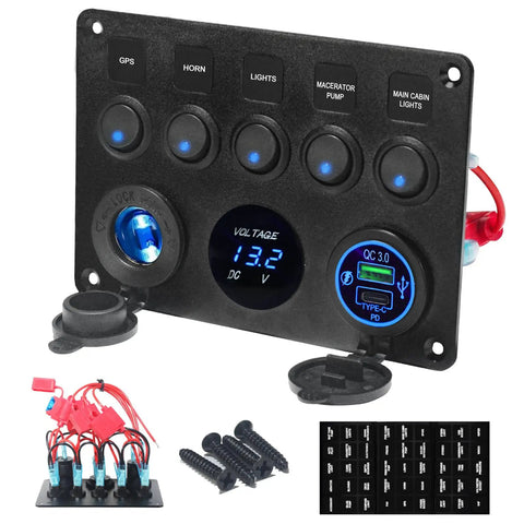 All In One 5 Gang Rocker Switch Panel With Type C And QC 3.0 USB Digital Voltmeter 12V Outlet Pre Wired With Circuit Breakers For RV Car Boat Truck Waterproof Board Supports 12V And 24V Systems Blue, showing switches and digital display.