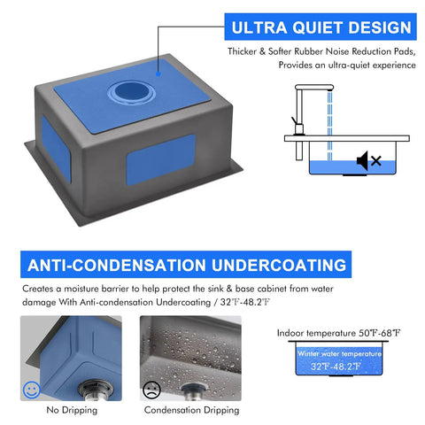 Undermount Kitchen Sink In Brushed Stainless Steel 18 Gauge T304 Handmade Single Bowl With Drain Strainer 20 Inch L By 16 Inch W By 9 Inch D Fits Three And A Half Inch Garbage Disposal Opening Built To Last, featuring ultra-quiet design with noise reduction pads and anti-condensation undercoating.
