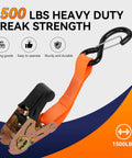 Heavy Duty Ratchet Tie Down Straps 1500 Lb Break Strength With S Hooks Safety Clips And Soft Loops displayed on an orange strap.