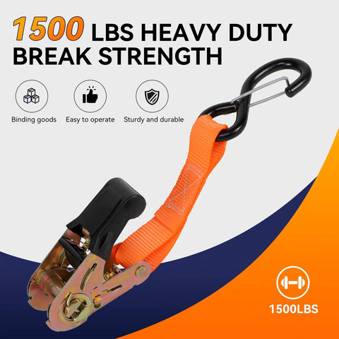 Heavy Duty Ratchet Tie Down Straps 1500 Lb Break Strength With S Hooks Safety Clips And Soft Loops displayed on an orange strap.