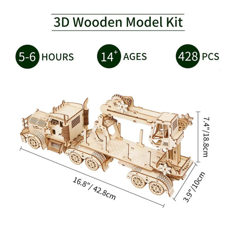 3D Wooden Puzzle for Adults and Teens, Mechanical Truck Crane Model Kit, DIY Wood Craft Hobby Toy, 16.8x7.4x3.9 in
