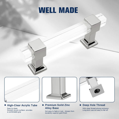 10 Pack Modern Acrylic Cabinet Handles with Clear Square Tube and Polished Chrome Base, close-up view of handle details