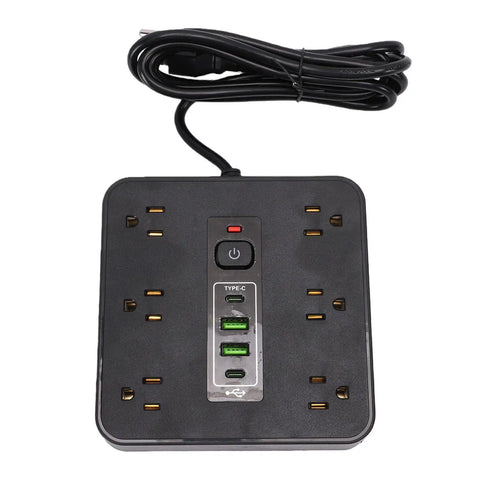 Flat Head Power Strip With 12 Ac Outlets And 4 Usb Ports, Multi Device Charging Station top view with power button.