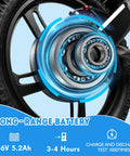 Kids Electric Bike With 350W Motor, 15.5 MPH Top Speed, 36V 5.2Ah Battery, 10 Mile Range, 16 Inch Pneumatic Tires, Dual Braking, For Ages Six And Up, Rugged Off Road Electric Bicycle rear wheel battery close-up