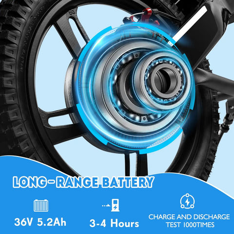 Kids Electric Bike With 350W Motor, 15.5 MPH Top Speed, 36V 5.2Ah Battery, 10 Mile Range, 16 Inch Pneumatic Tires, Dual Braking, For Ages Six And Up, Rugged Off Road Electric Bicycle rear wheel battery close-up