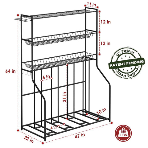 4 Bike Stand Slick Garage Organizer With 3 Tier Storage Rack for indoor bike storage, metal frame with adjustable slots.