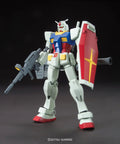 Gundam RX-78-2 Revive 1/144 Scale Gunpla Model Kit with modern proportions, showing articulated joints and iconic pose with shield.