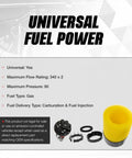 Universal fuel power system with dual 340 flow ratings, compatible with gas and includes related accessories.