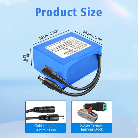 Diagram of 12V 6000mAh Rechargeable Lithium Ion Battery Pack with Charger, RC connection details, blue casing, and dimensions.