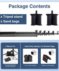 Package contents of Heavy Duty 15.7ft Air Cushioned Light Stand Tripod with sandbags and setup options.