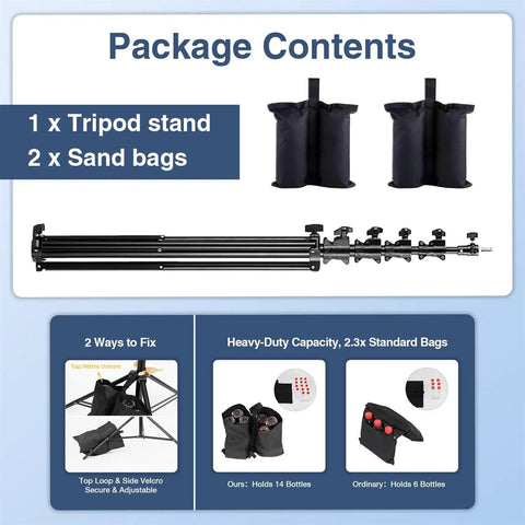 Package contents of Heavy Duty 15.7ft Air Cushioned Light Stand Tripod with sandbags and setup options.