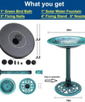 28 Inch Tall Outdoor Bird Bath With Solar Water Fountain Plastic Retro Green Bird Bath For Garden Lawn Yard And Patio Decor Go To Garden Decor 2 In 1 Bird Bath And Fountain Set components including stand and nozzles.
