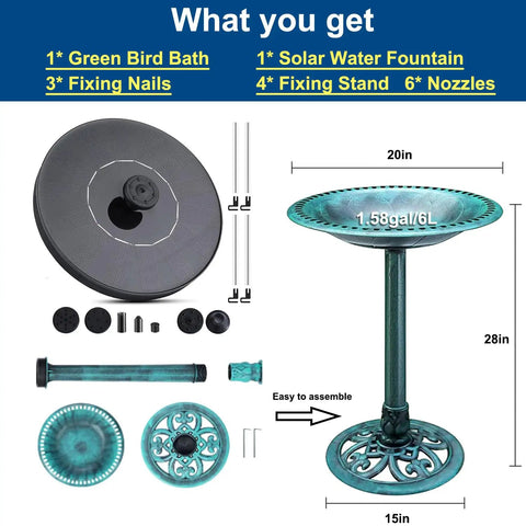 28 Inch Tall Outdoor Bird Bath With Solar Water Fountain Plastic Retro Green Bird Bath For Garden Lawn Yard And Patio Decor Go To Garden Decor 2 In 1 Bird Bath And Fountain Set components including stand and nozzles.