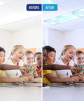Before and after classroom with magnetic fluorescent light covers for ceiling lights 5 pack sky blue cloud filters installed.