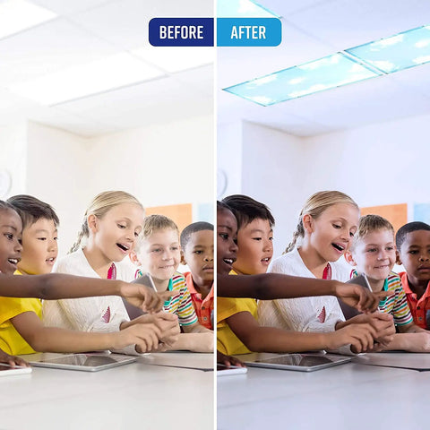 Before and after classroom with magnetic fluorescent light covers for ceiling lights 5 pack sky blue cloud filters installed.