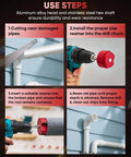 Use steps for 2-Inch PVC Pipe Reamer Kit With 2-Inch Head, showing installation and reaming process on PVC pipes.