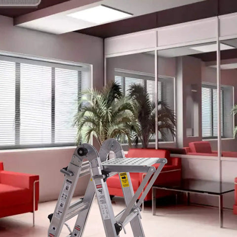 Heavy Duty Ladder Platform Tray And Work Stand Holds 400 Pounds in an office setting with red couches and potted plants.
