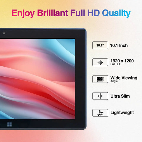 Slick 10.1 Inch Windows 11 Tablet Pc Featuring Intel N5100 Quad Core, 8GB Ram, Hella Crisp Full Hd Touchscreen, 5G Wifi, Dual Cameras,Usb 3.0 And Micro Hdmi For Work Or Play showing vibrant Full HD display details and slim design.