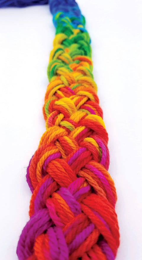 Rainbow-colored braided yarn skein; thick wool-like strands in purple, pink, red, orange, yellow, green, blue.