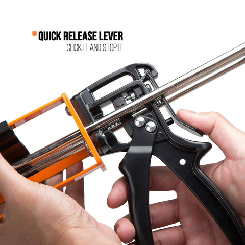 Close-up of Pro Grade Dual Component Cartridge Gun for 400 ml with high-thrust mechanism and quick release lever being operated