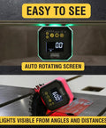 Digital Angle Gauge And Level With Color Indicators, turns green at 0, 90, and 180 degrees; shown with easy-to-see screen and lights.