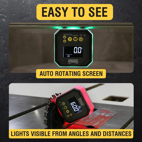 Digital Angle Gauge And Level With Color Indicators, turns green at 0, 90, and 180 degrees; shown with easy-to-see screen and lights.