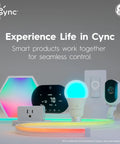 Colorful smart home devices including a bulb, hexagon panel, thermostat, and camera promoting connectivity with Indoor Smart Plug WiFi Outlet Socket With Voice Control Matter Compatible Works With Alexa And Google Home 3 Pack Plug And Play Easy Scheduling And Remote Control For Lamps And Other Devices.