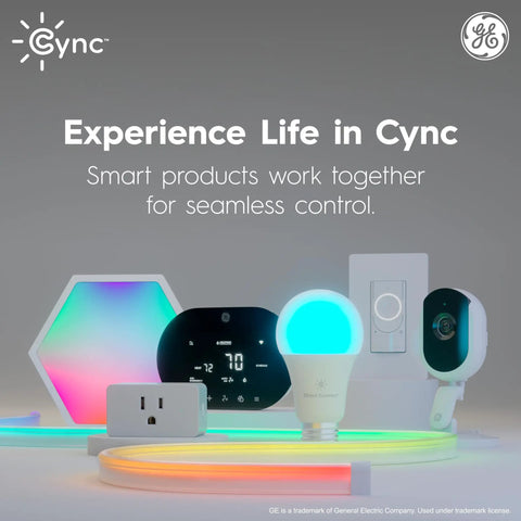 Colorful smart home devices including a bulb, hexagon panel, thermostat, and camera promoting connectivity with Indoor Smart Plug WiFi Outlet Socket With Voice Control Matter Compatible Works With Alexa And Google Home 3 Pack Plug And Play Easy Scheduling And Remote Control For Lamps And Other Devices.