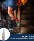 Worker using heavy duty rotary hammer drill bits set and chisels for SDS Plus concrete masonry on stairs