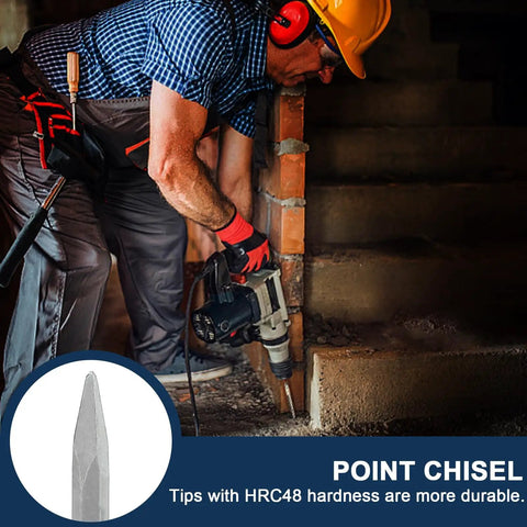 Worker using heavy duty rotary hammer drill bits set and chisels for SDS Plus concrete masonry on stairs