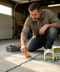 Man applying Zero Mess Drip Free Heavy Duty Rubberized Concrete Crack Filler And Cement Repair Sealant on driveway crack.