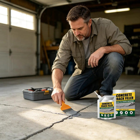 Man applying Zero Mess Drip Free Heavy Duty Rubberized Concrete Crack Filler And Cement Repair Sealant on driveway crack.
