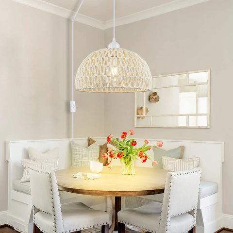 Kitchen with Rattan Pendant Light With Hemp Rope Cord, Boho Wicker Basket Shade, Cream Finish, Plug In Ceiling Fixture Over Dining Table
