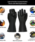 Black insulated rubber gloves detailed with applications for BBQ, handling crabs, hot pots, working with chemicals, dyeing yarn.