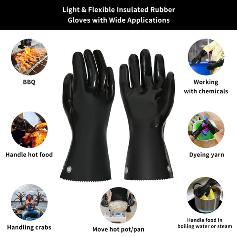 Black insulated rubber gloves detailed with applications for BBQ, handling crabs, hot pots, working with chemicals, dyeing yarn.