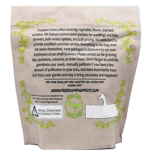 Back view of 43 Assorted Vegetable And Herb Seed Packets Stash With Over 10,000 Seeds Includes Mylar Storage Bag For Easy Long Term Seed Storage Deluxe Heirloom Non GMO Collection High Germination In 7 To 14 Days Backyard Gardener Starter Kit package with care instructions and a choking hazard warning.