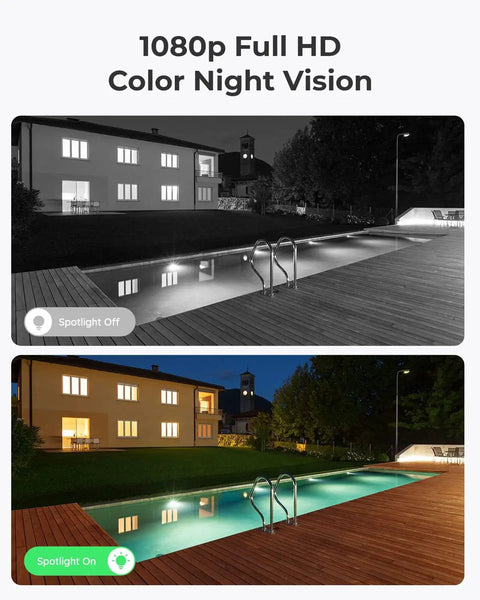 1080p Outdoor Security Camera System 2 Pack with WiFi showcasing color night vision with spotlight on and off images