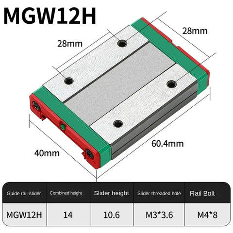 MGW12H carriage block dimensions for Miniature Linear Guide Rail Kit With MGW12C H Carriage Block And MGW12H Carriage, 100 To 1000mm Travel